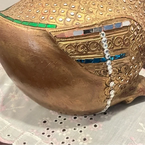 Folk Art Hand Carved Wood Decorated Golden Goose Sculpture Embossed Stone Carved - Picture 11 of 12